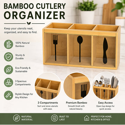 Natural Bamboo Cutlery Organizer with 3 Compartments Multipurpose Countertop Utensil Holder for Spoons, Forks, Knives, Kitchen Tools, Office Supplies & Dining Table Storage