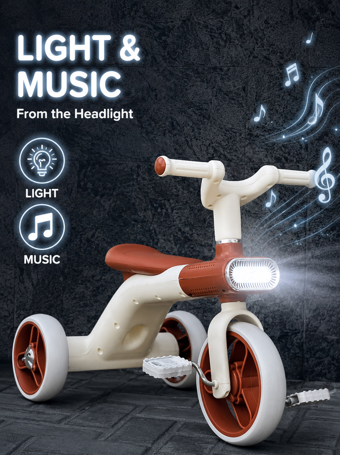 Kids Tricycle Pedal-Powered Ride-On Trike with Built-in Light & Music Headlight EVA Silent Wheels, Anti-Slip Pedals, Comfortable Seat, Durable Frame Indoor & Outdoor First Bicycle for Boys and Girls