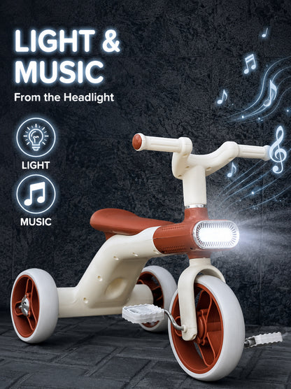 Kids Tricycle Pedal-Powered Ride-On Trike with Built-in Light & Music Headlight EVA Silent Wheels, Anti-Slip Pedals, Comfortable Seat, Durable Frame Indoor & Outdoor First Bicycle for Boys and Girls
