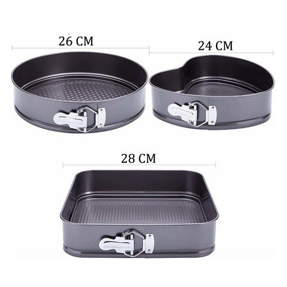 3-Piece Non-Stick Springform Cake Baking Pan Set Round, Heart & Square Shapes with Quick-Release Latch, Carbon Steel Bakeware Mould Set