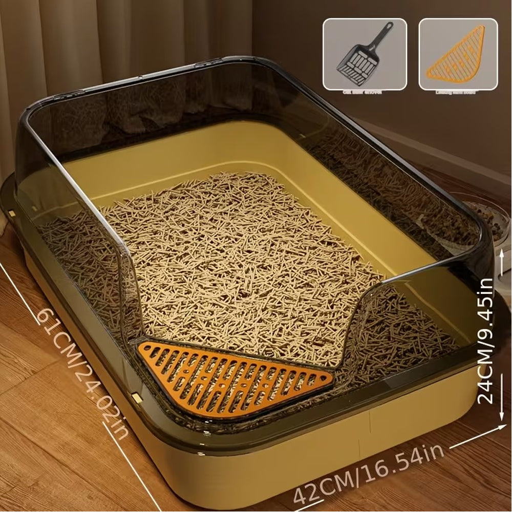 Semi-Enclosed Large Cat Litter Box with High Walls & Anti-Tracking Pedal Spacious Open Top Kitty Toilet Tray with Scoop for Multi-Cat Homes