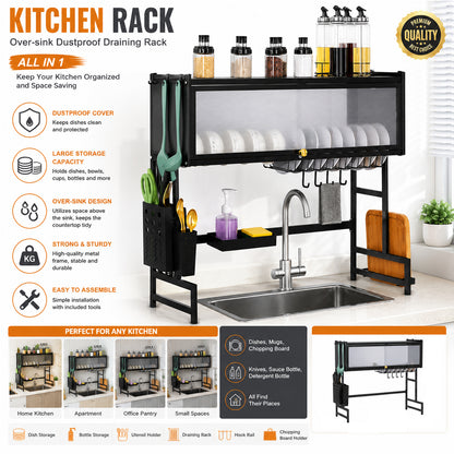 Multifunctional Kitchen Organizer Rack Over-Sink Kitchen Dish Drying Rack with Dustproof Sliding Cover,Utensil Holder, Knife Holder, Cutting Board Rack, Hooks & Drainage Shelf – Black