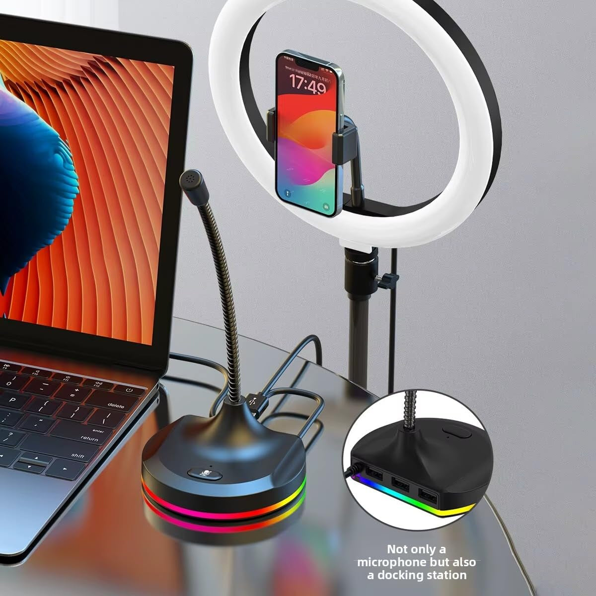 2-in-1 USB Desktop Microphone with 3-Port USB 2.0 Hub Low Noise Omnidirectional Mic with RGB Lighting Mute Button, Flexible Gooseneck for Meetings, Gaming & Online Classes