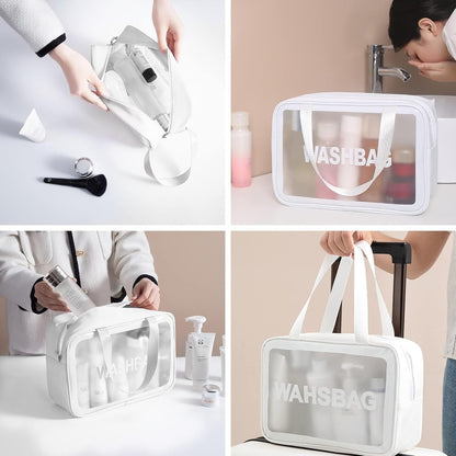 Set of 3 Waterproof Travel Wash Bags with Transparent Window Zipper Closure & Carry Handle – Portable Cosmetic, Toiletry & Makeup Organizer Set for Travel, Bathroom & Daily Use