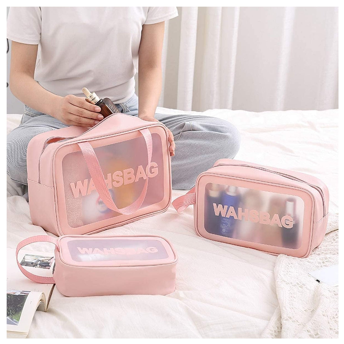 Set of 3 Waterproof Travel Wash Bags with Transparent Window Zipper Closure & Carry Handle – Portable Cosmetic, Toiletry & Makeup Organizer Set for Travel, Bathroom & Daily Use