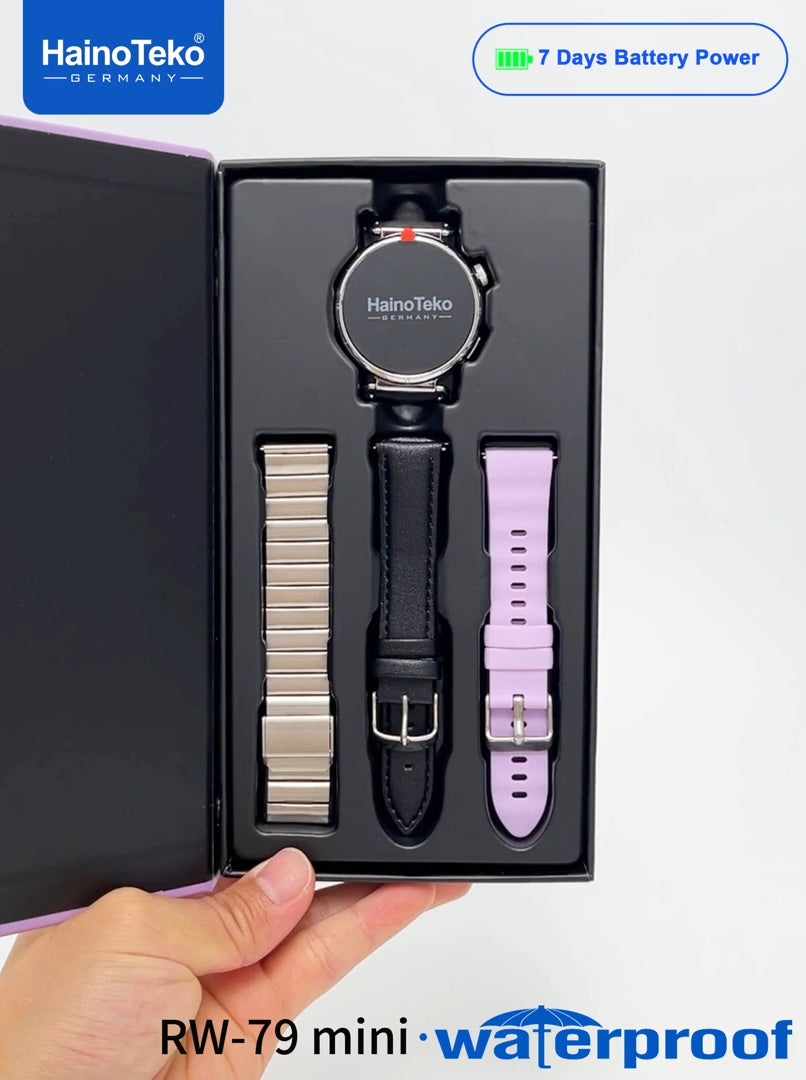 HainoTeko RW-79 Mini Waterproof Smart Watch with AMOLED Display Bluetooth Call 3 Interchangeable Straps and Charging Cable Designed for Ladies