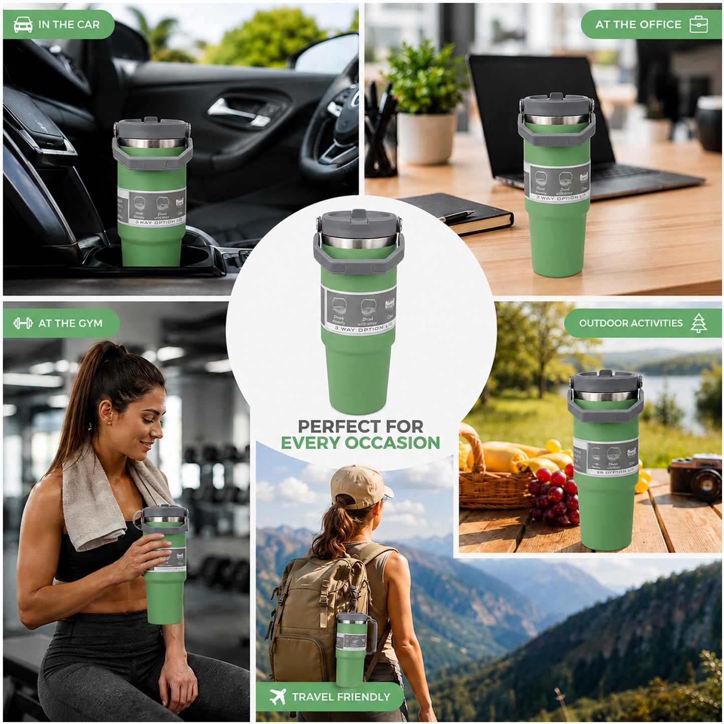 900ML Vacuum Insulated Stainless Steel Travel Mug with Handle & Reusable Straw, Double Wall Thermal Tumbler with 3-Way Leak-Resistant Lid, BPA-Free Cup Holder Friendly for Hot & Cold Drinks