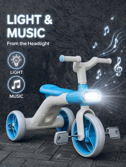 Kids Tricycle Pedal-Powered Ride-On Trike with Built-in Light & Music Headlight EVA Silent Wheels, Anti-Slip Pedals, Comfortable Seat, Durable Frame Indoor & Outdoor First Bicycle for Boys and Girls