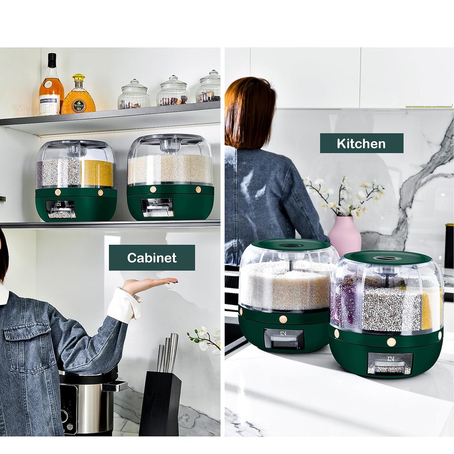 360° Rotating Multi-Compartment Storage Organizer with One-Touch Dispensing System, Transparent Visibility Design, Space-Saving Countertop Storage Container Green