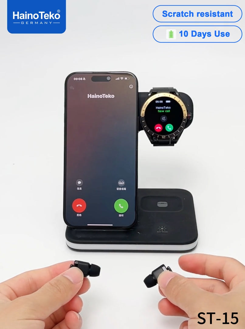 HainoTeko ST-15 Watch Buds Smartwatch with Built-in Earbuds Bluetooth Calling, AMOLED Display, 10-Day Battery Life, Health Monitoring and 3 Pair Straps Designed for Men