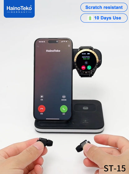 HainoTeko ST-15 Watch Buds Smartwatch with Built-in Earbuds Bluetooth Calling, AMOLED Display, 10-Day Battery Life, Health Monitoring and 3 Pair Straps Designed for Men