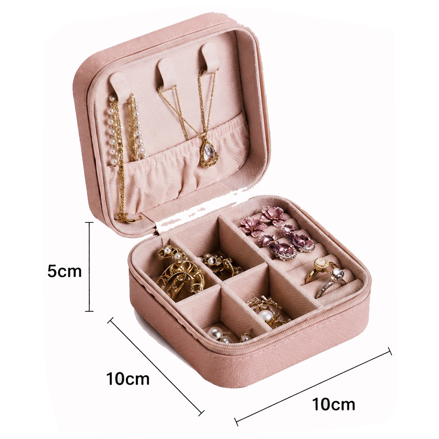 Portable Travel Jewelry Organizer Box with Zipper Compact Jewelry Storage Case for Rings, Earrings, Necklaces, Bracelets, Watches & Small Accessories