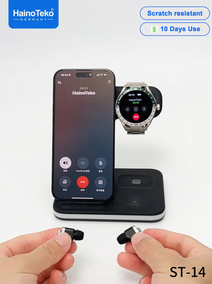 Haino Teko ST-14 Watch Buds Smartwatch with Built-in Wireless Earbuds Bluetooth Calling, AMOLED Display, 3 Interchangeable Straps, Health Monitoring, Multi-Sport Modes & Long Battery Life Designed for Men