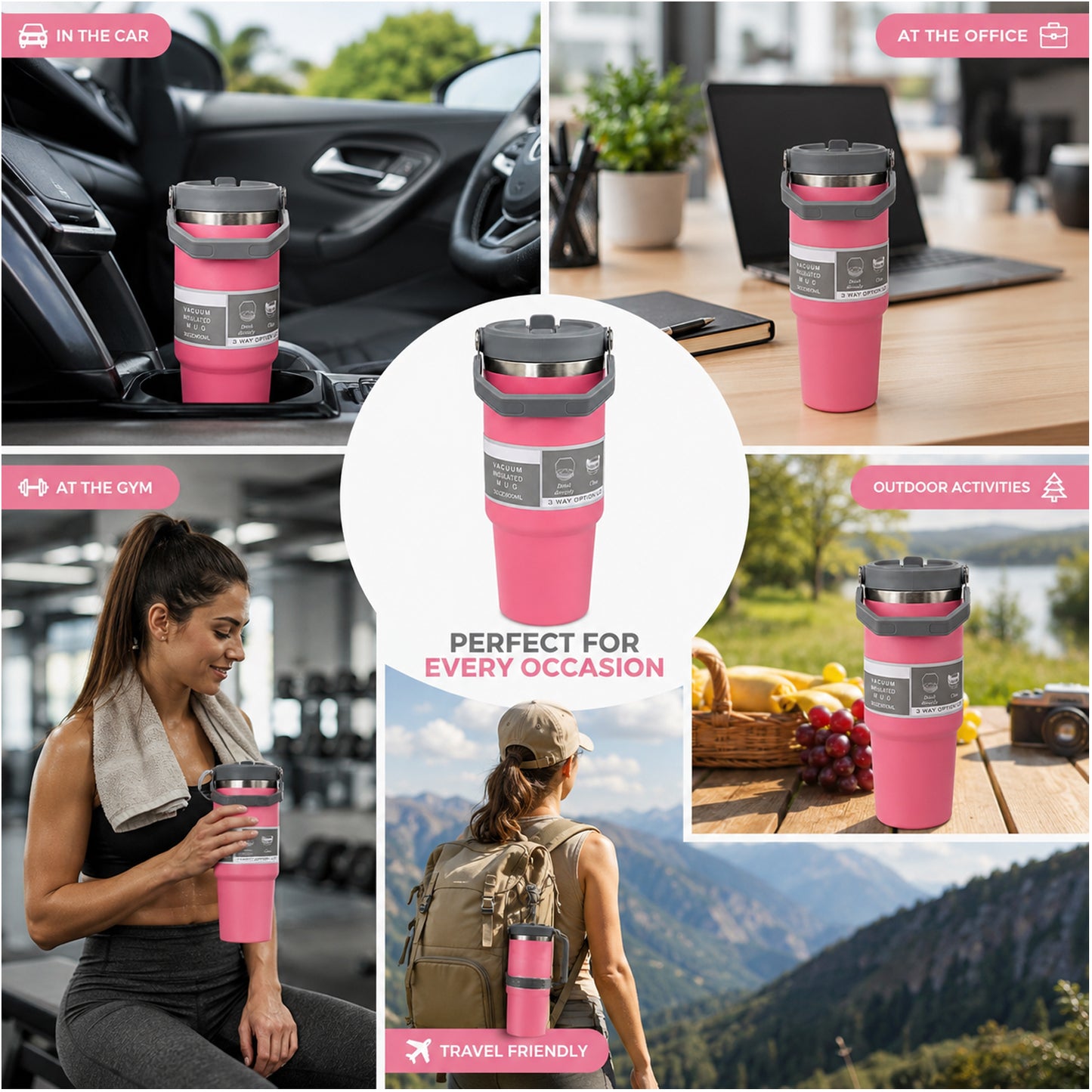 900ML Vacuum Insulated Stainless Steel Travel Mug with Handle & Reusable Straw, Double Wall Thermal Tumbler with 3-Way Leak-Resistant Lid, BPA-Free Cup Holder Friendly for Hot & Cold Drinks