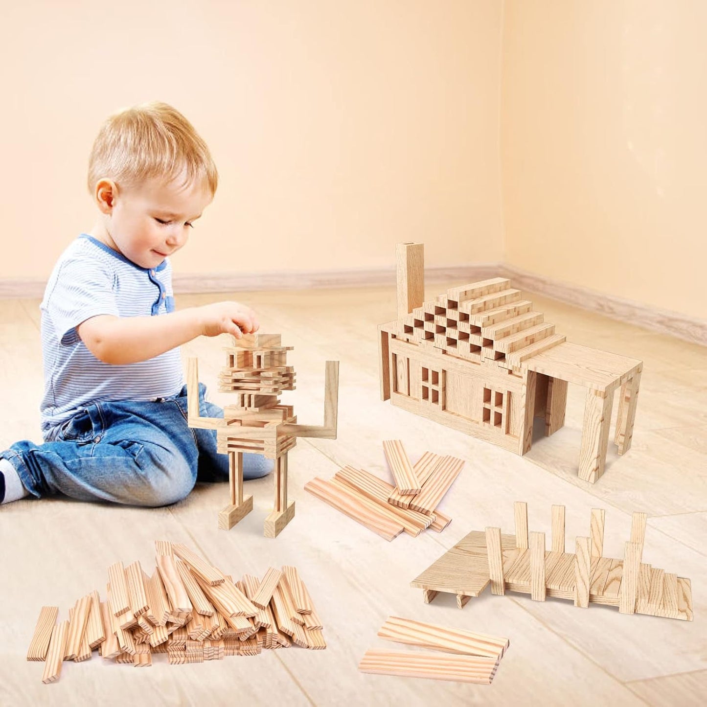 100 PCS Wooden Colour Building Blocks Set for Kids Natural Wood Stacking Blocks Construction Toy Building Kit Educational STEM Toy for Boys and Girls