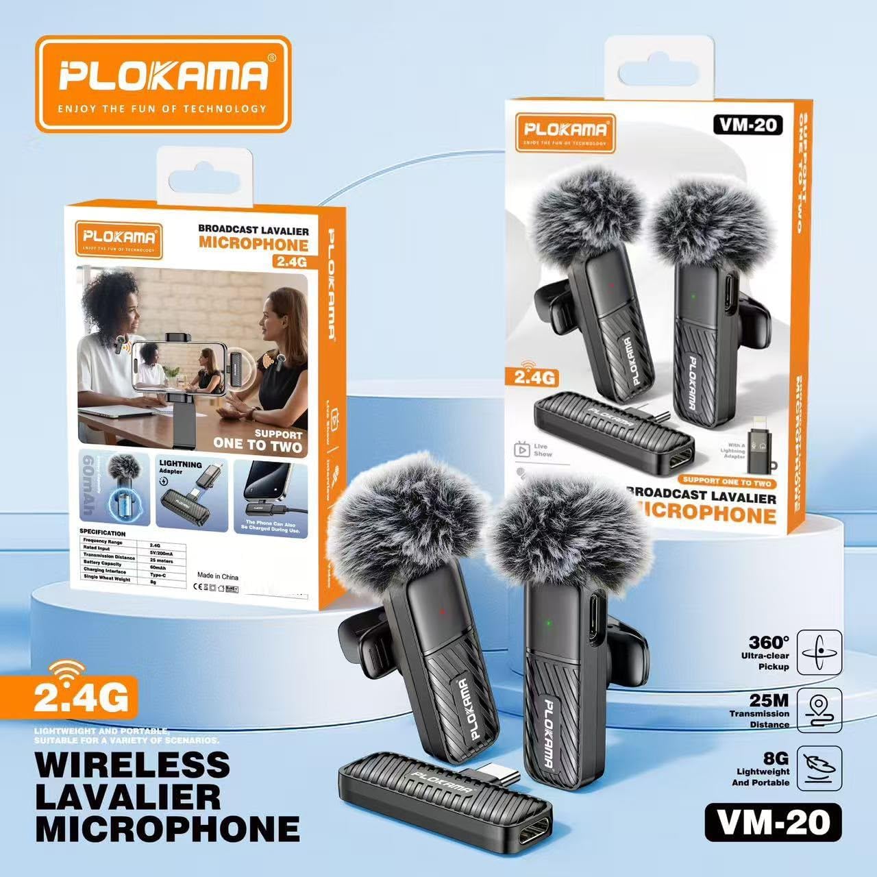 VM-20 Wireless Lavalier Microphone 2.4G Dual Mic System for Live Streaming, Interviews, Vlogging & Video Recording