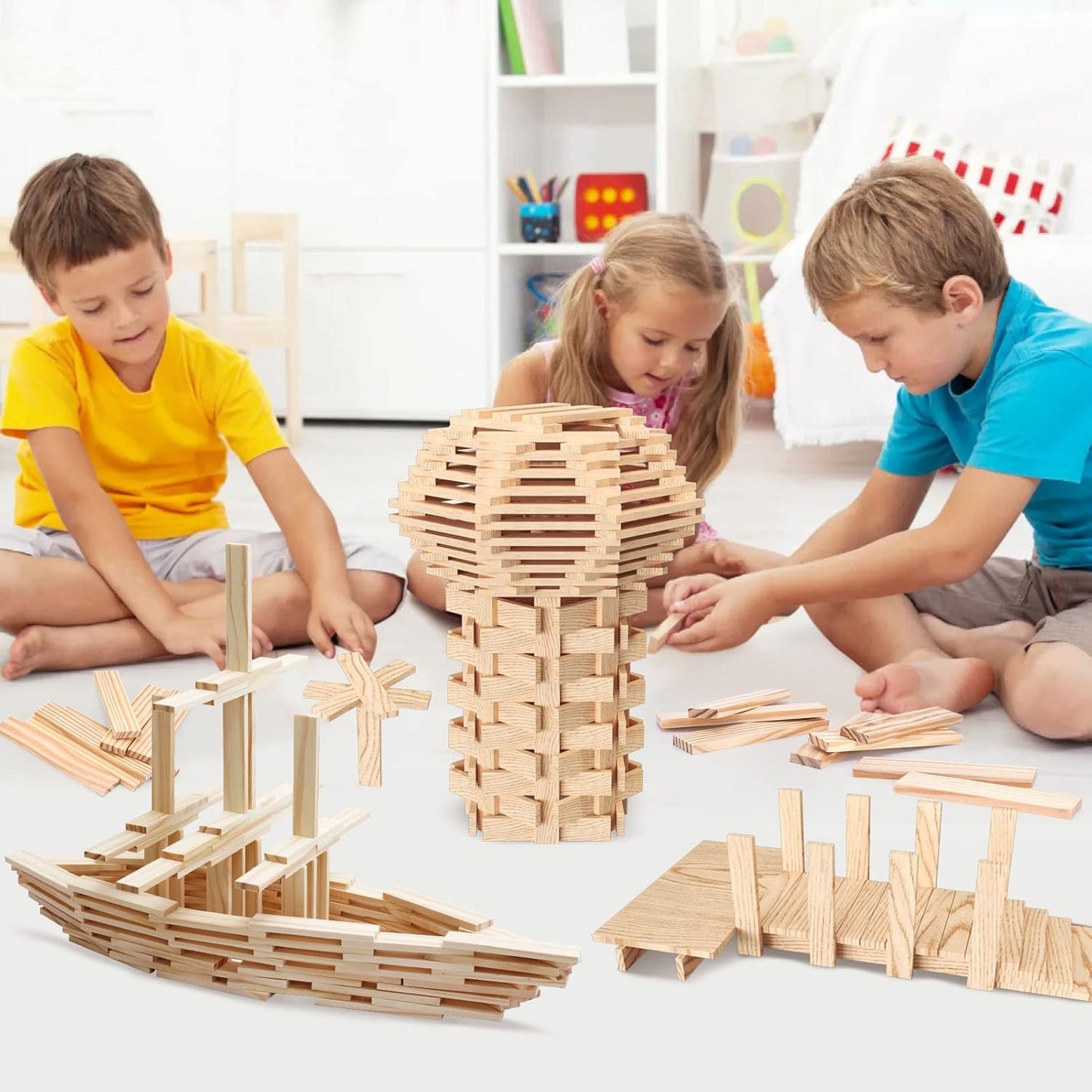 100 PCS Wooden Colour Building Blocks Set for Kids Natural Wood Stacking Blocks Construction Toy Building Kit Educational STEM Toy for Boys and Girls