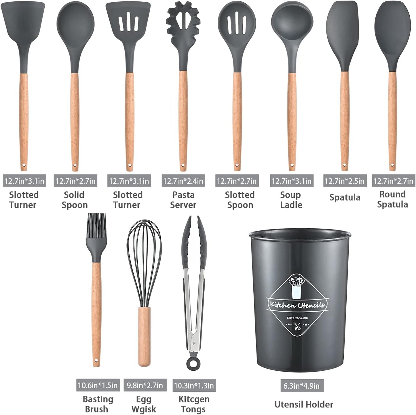 12 Pcs Silicone Cooking Utensils Kitchen Utensil Set - 446°F Heat Resistant,Turner Tongs, Spatula, Spoon, Brush, Whisk, Wooden Handle Gray Kitchen Gadgets with Holder for Nonstick Cookware