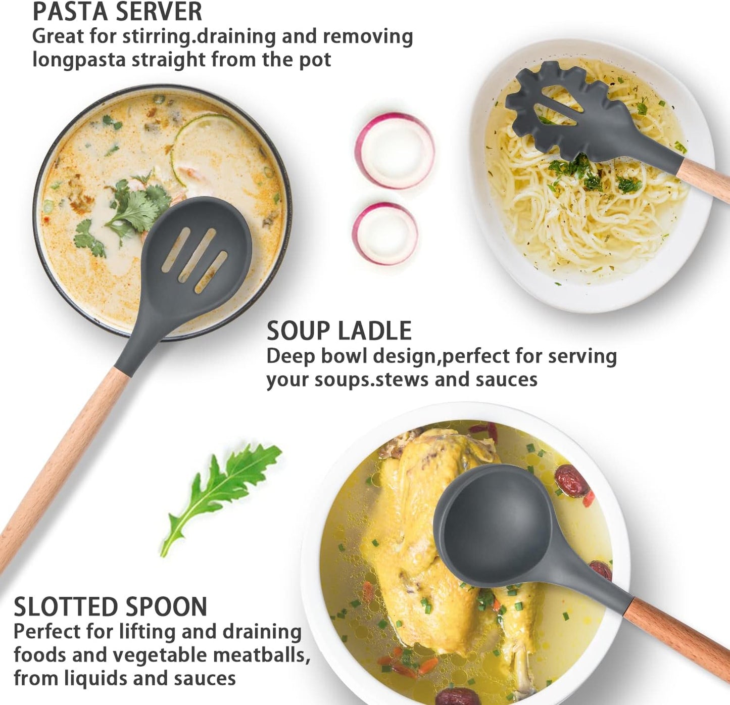 12 Pcs Silicone Cooking Utensils Kitchen Utensil Set - 446°F Heat Resistant,Turner Tongs, Spatula, Spoon, Brush, Whisk, Wooden Handle Gray Kitchen Gadgets with Holder for Nonstick Cookware