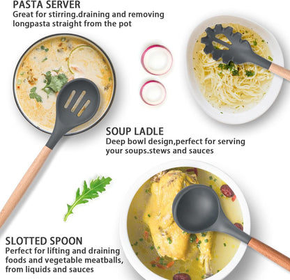 12 Pcs Silicone Cooking Utensils Kitchen Utensil Set - 446°F Heat Resistant,Turner Tongs, Spatula, Spoon, Brush, Whisk, Wooden Handle Gray Kitchen Gadgets with Holder for Nonstick Cookware
