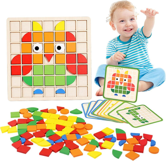 Colorful Pattern Block Puzzle Board with Cards Educational Shape Matching Game Brain Development and Hand-Eye Coordination Learning Toy for Boys and Girls