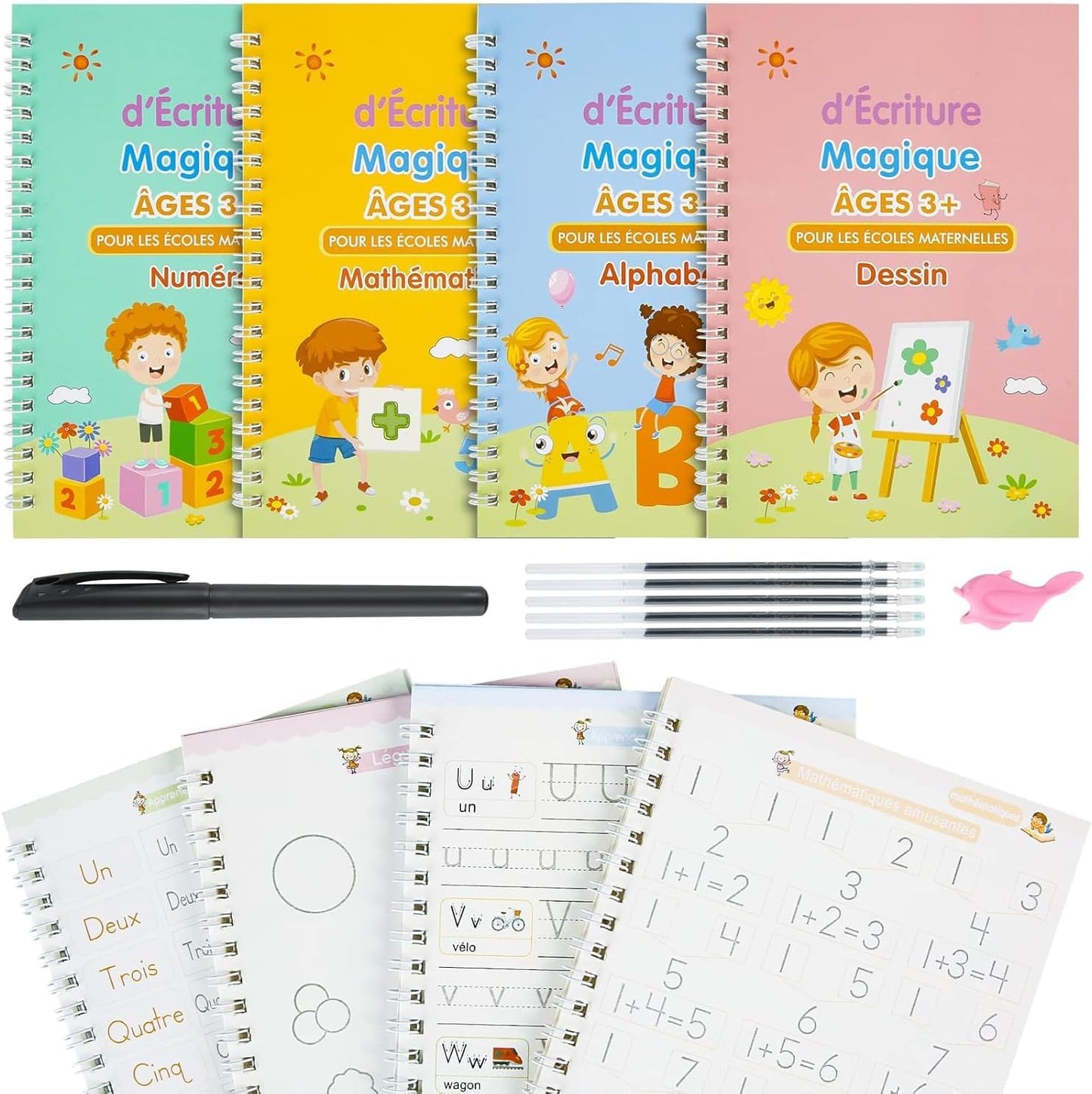 4pcs French Magic Practice Copybook Pen Preschools Kids Calligraphy Notebook Children Reusable Learning Book, Learning Games, Numbers, Alphabet and Calculating