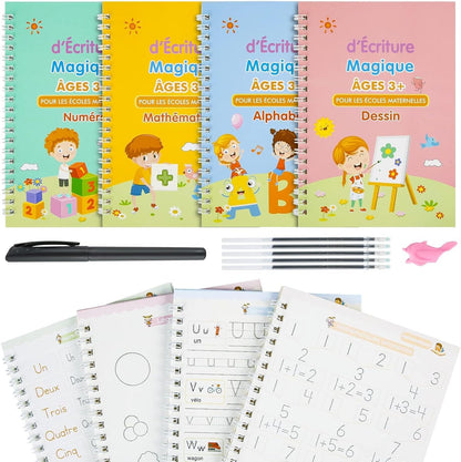 4pcs French Magic Practice Copybook Pen Preschools Kids Calligraphy Notebook Children Reusable Learning Book, Learning Games, Numbers, Alphabet and Calculating