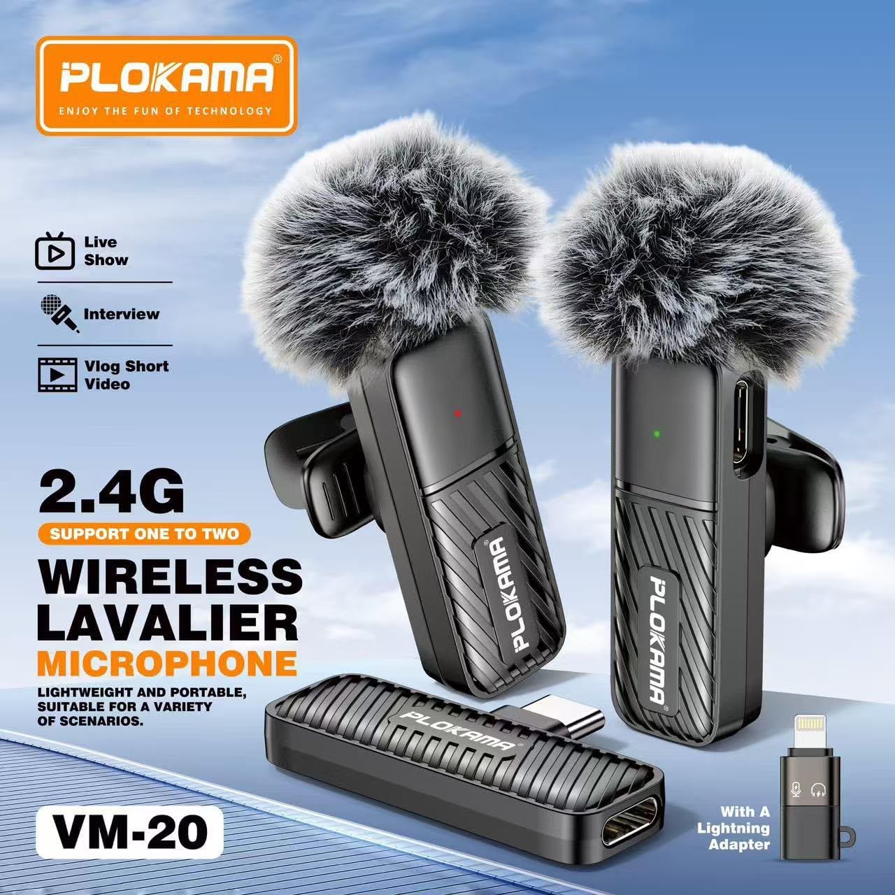 VM-20 Wireless Lavalier Microphone 2.4G Dual Mic System for Live Streaming, Interviews, Vlogging & Video Recording