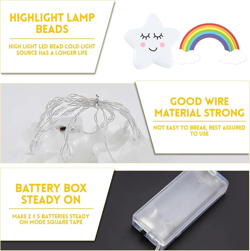 20 LED String Lights with Cute Smiling Star and Cloud Rainbow Design, Battery Operated, 3m, Warm Lights for Kids Room, Bedroom, Nursery, Party Decoration