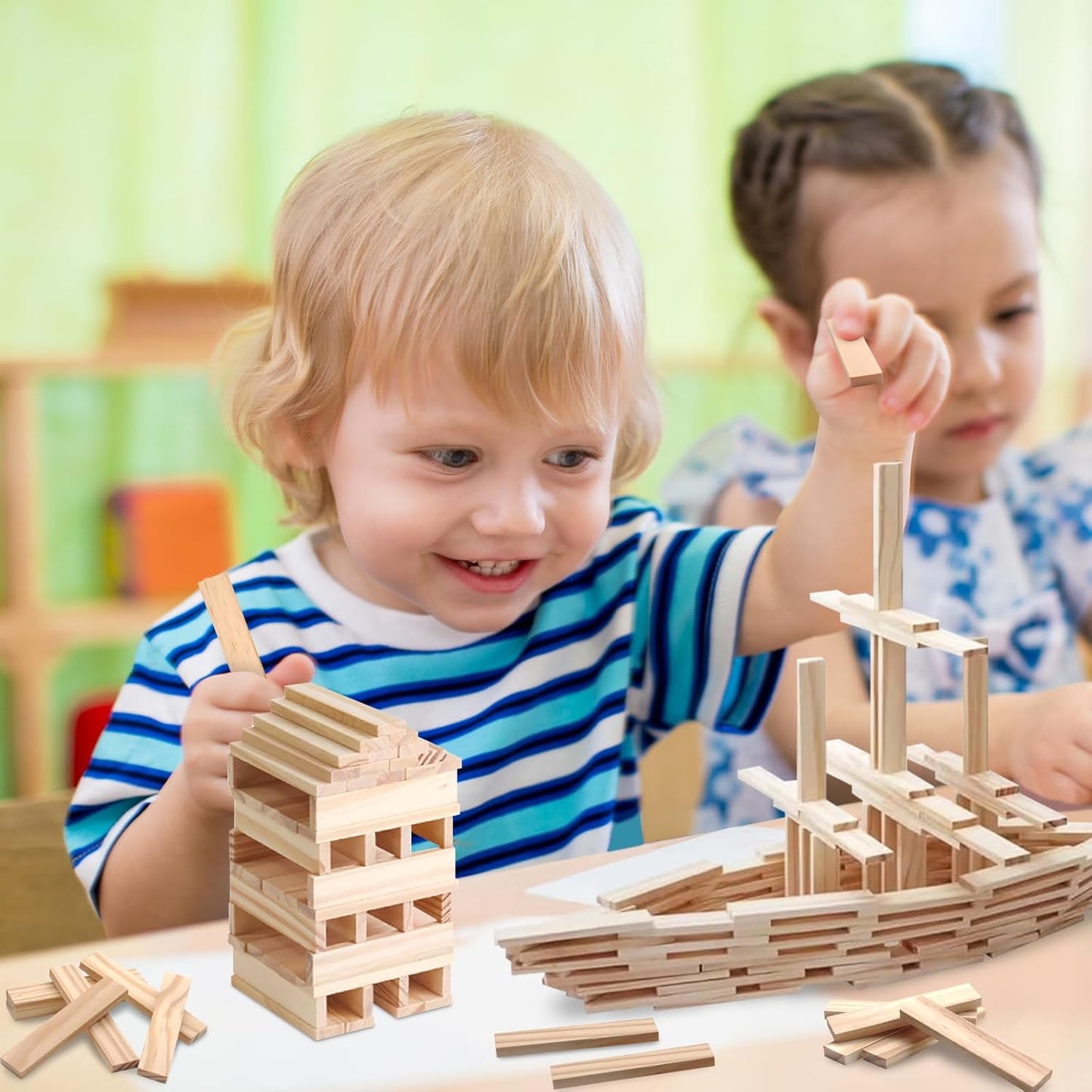 100 PCS Wooden Colour Building Blocks Set for Kids Natural Wood Stacking Blocks Construction Toy Building Kit Educational STEM Toy for Boys and Girls