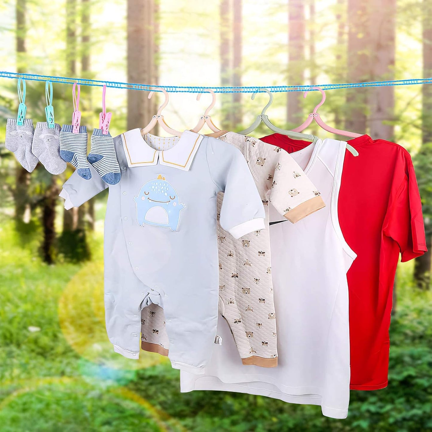 Lacoz Portable Windproof Clothesline with 12 Clips, 5m Non-Slip Travel Laundry Drying Line, Adjustable Nylon Rope for Outdoor Camping, Cruise, Indoor Hotel, Backyard
