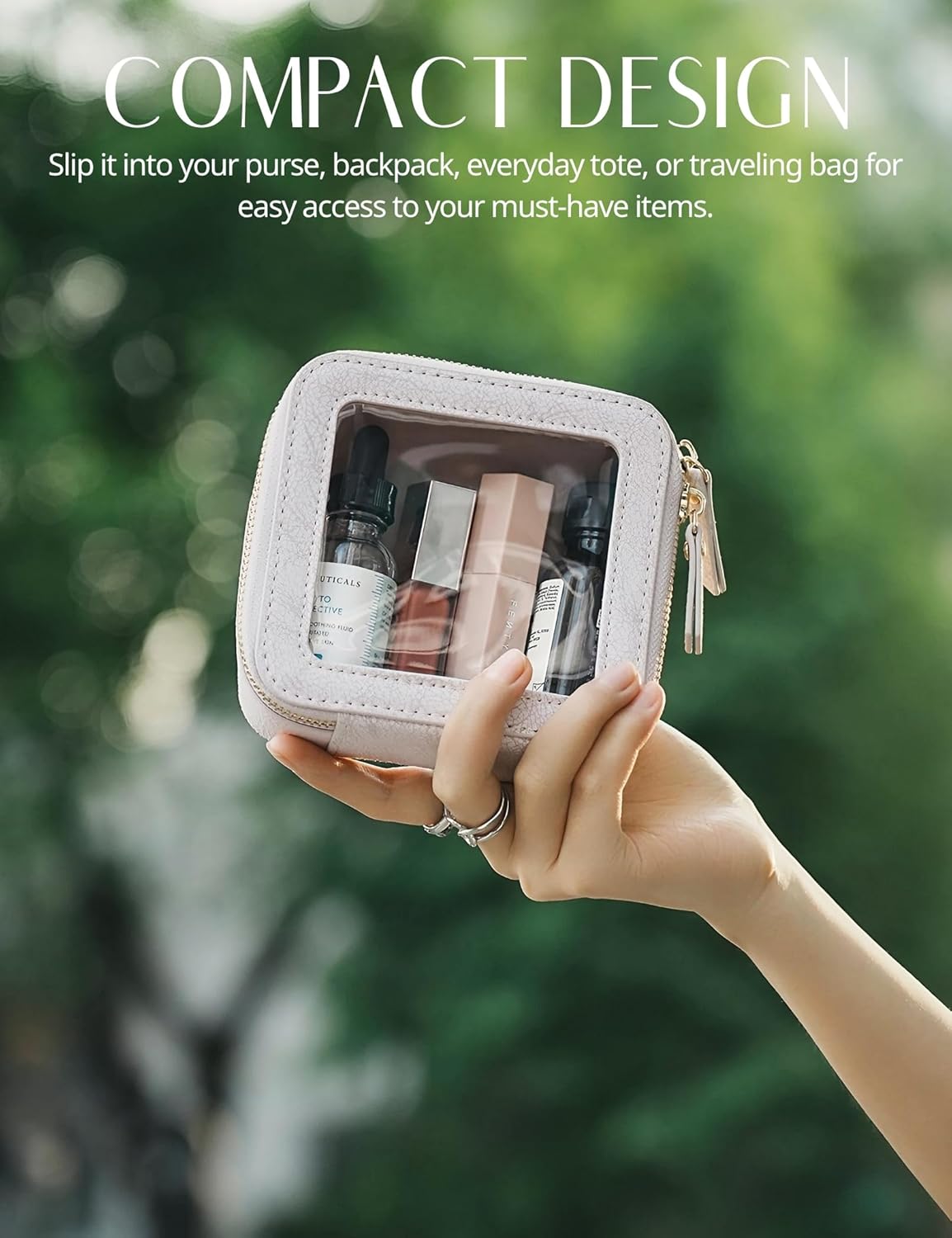 Lacoz Small Cosmetic Bag for Purse Mini Makeup Bag for School Cute Clear Make Up Pouch for Travel Tiny Leather White Make Up Organizer Case
