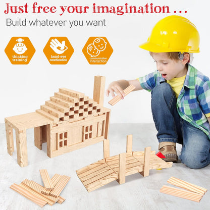100 PCS Wooden Colour Building Blocks Set for Kids Natural Wood Stacking Blocks Construction Toy Building Kit Educational STEM Toy for Boys and Girls