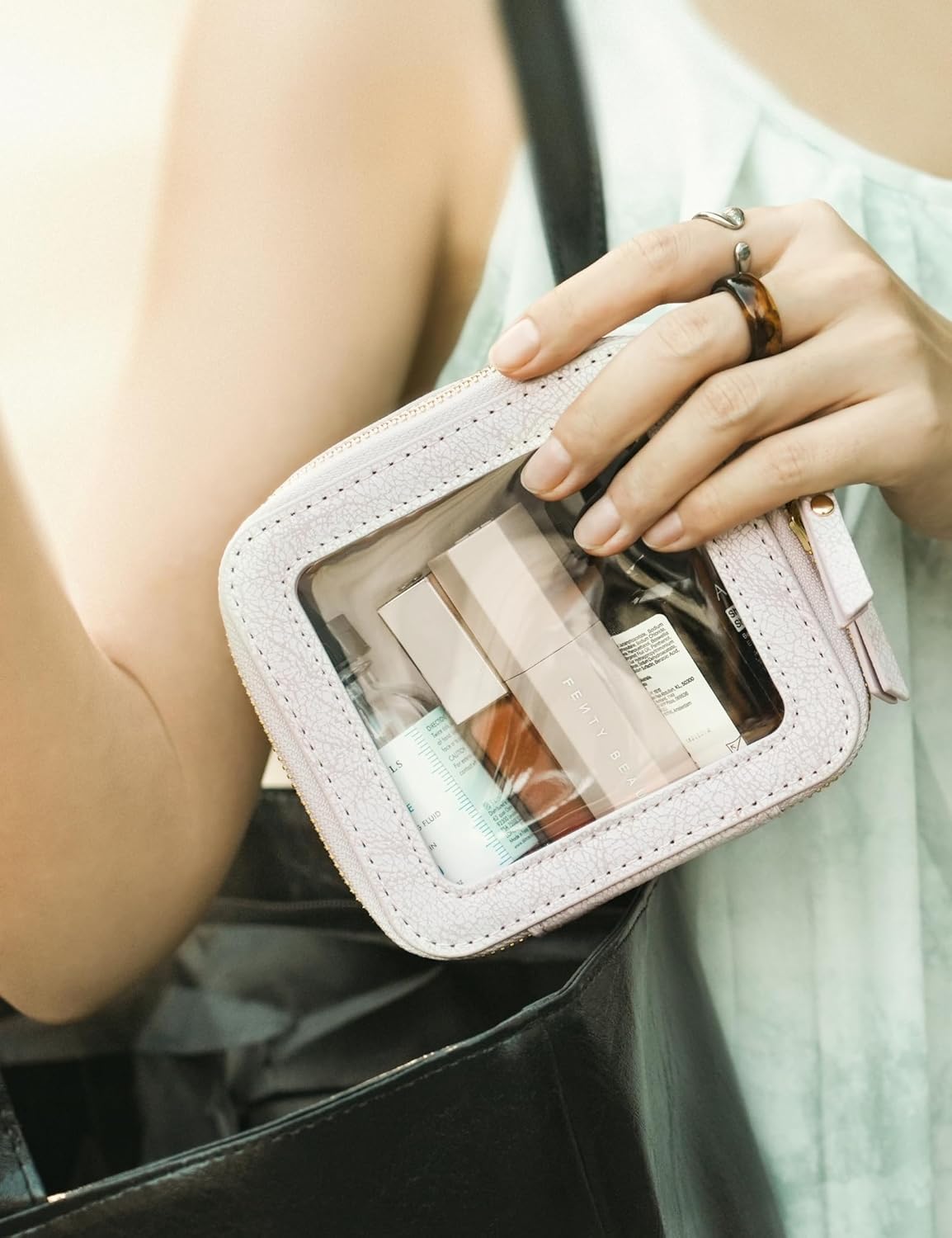 Lacoz Small Cosmetic Bag for Purse Mini Makeup Bag for School Cute Clear Make Up Pouch for Travel Tiny Leather White Make Up Organizer Case