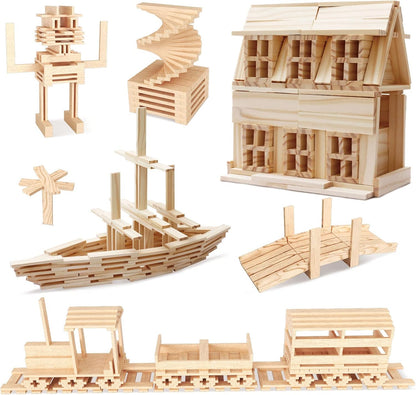 100 PCS Wooden Colour Building Blocks Set for Kids Natural Wood Stacking Blocks Construction Toy Building Kit Educational STEM Toy for Boys and Girls