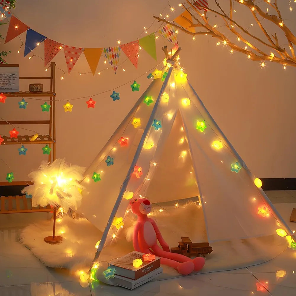 20 LED String Lights with Cute Smiling Star and Cloud Rainbow Design, Battery Operated, 3m, Warm Lights for Kids Room, Bedroom, Nursery, Party Decoration