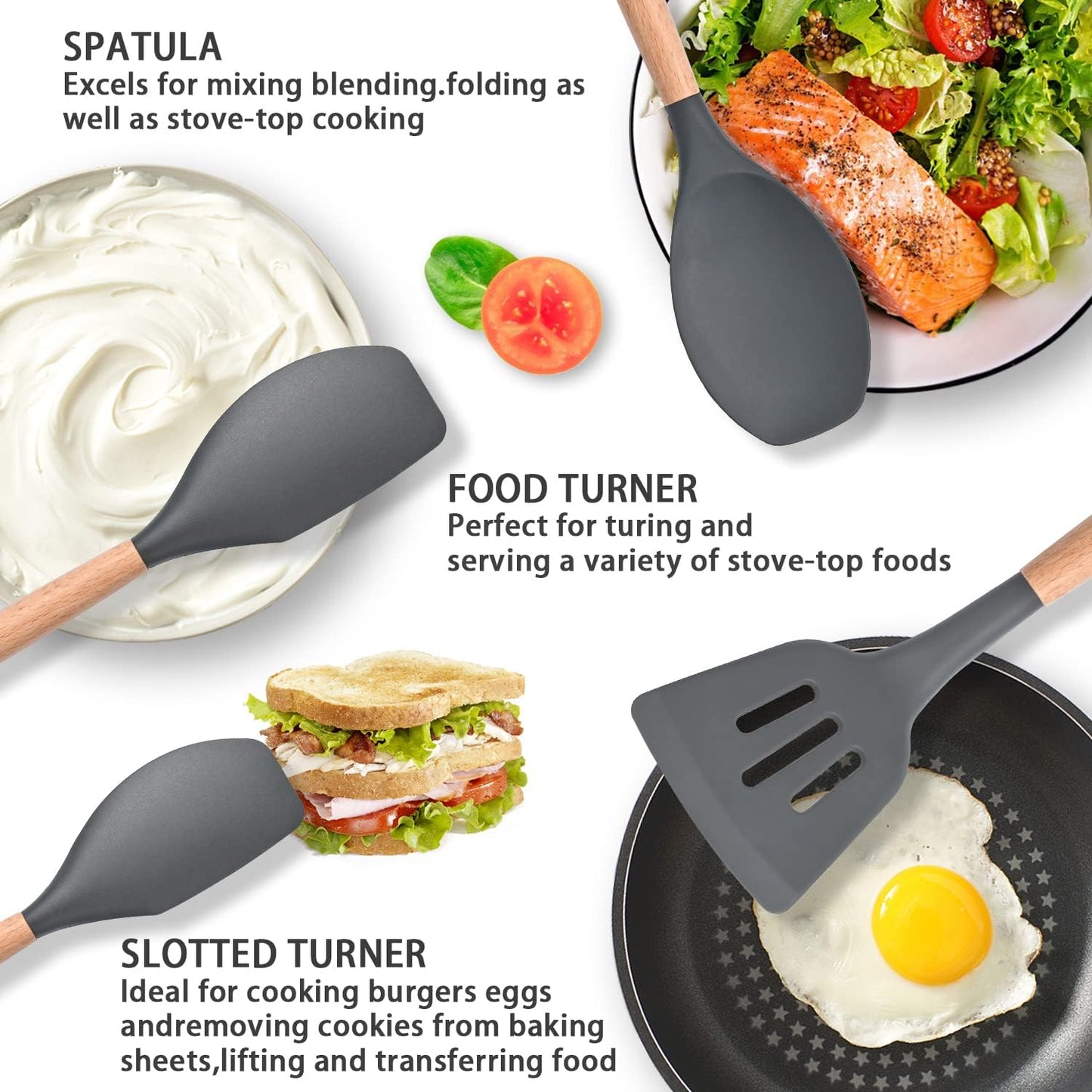 12 Pcs Silicone Cooking Utensils Kitchen Utensil Set - 446°F Heat Resistant,Turner Tongs, Spatula, Spoon, Brush, Whisk, Wooden Handle Gray Kitchen Gadgets with Holder for Nonstick Cookware