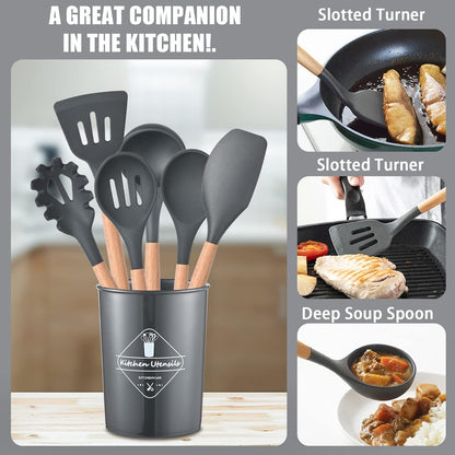 12 Pcs Silicone Cooking Utensils Kitchen Utensil Set - 446°F Heat Resistant,Turner Tongs, Spatula, Spoon, Brush, Whisk, Wooden Handle Gray Kitchen Gadgets with Holder for Nonstick Cookware