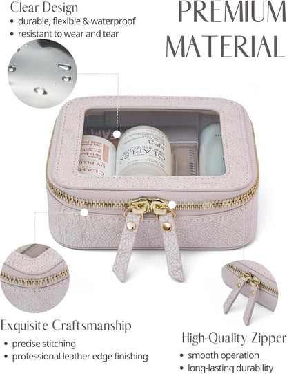 Lacoz Small Cosmetic Bag for Purse Mini Makeup Bag for School Cute Clear Make Up Pouch for Travel Tiny Leather White Make Up Organizer Case
