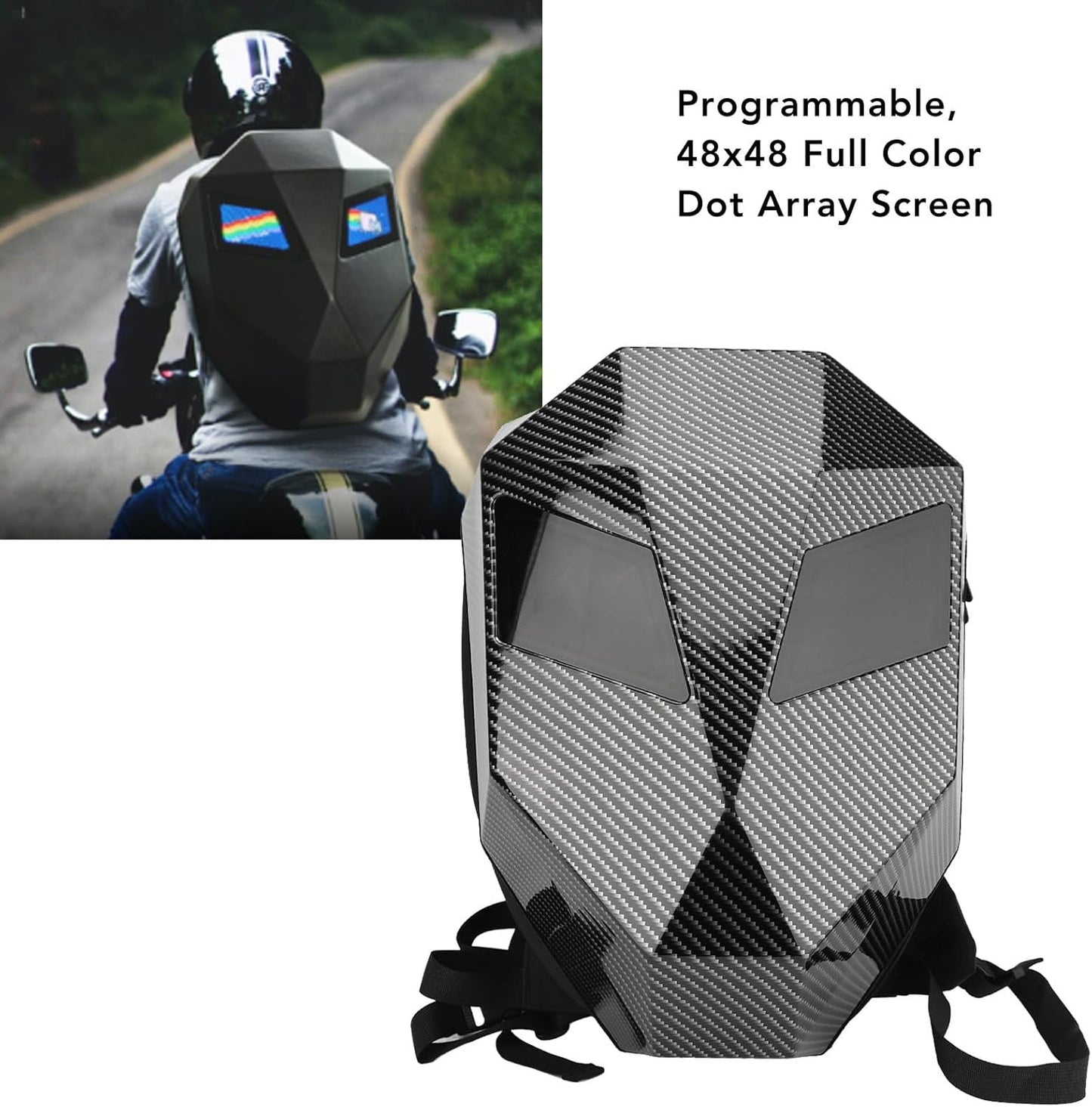 Knight Backpack, Hard Shell Motorcycle Riding Backpack LED Motorcycle Backpack, Programmable Helmet Backpack Cycling Travel Daypack for Cycling - Black