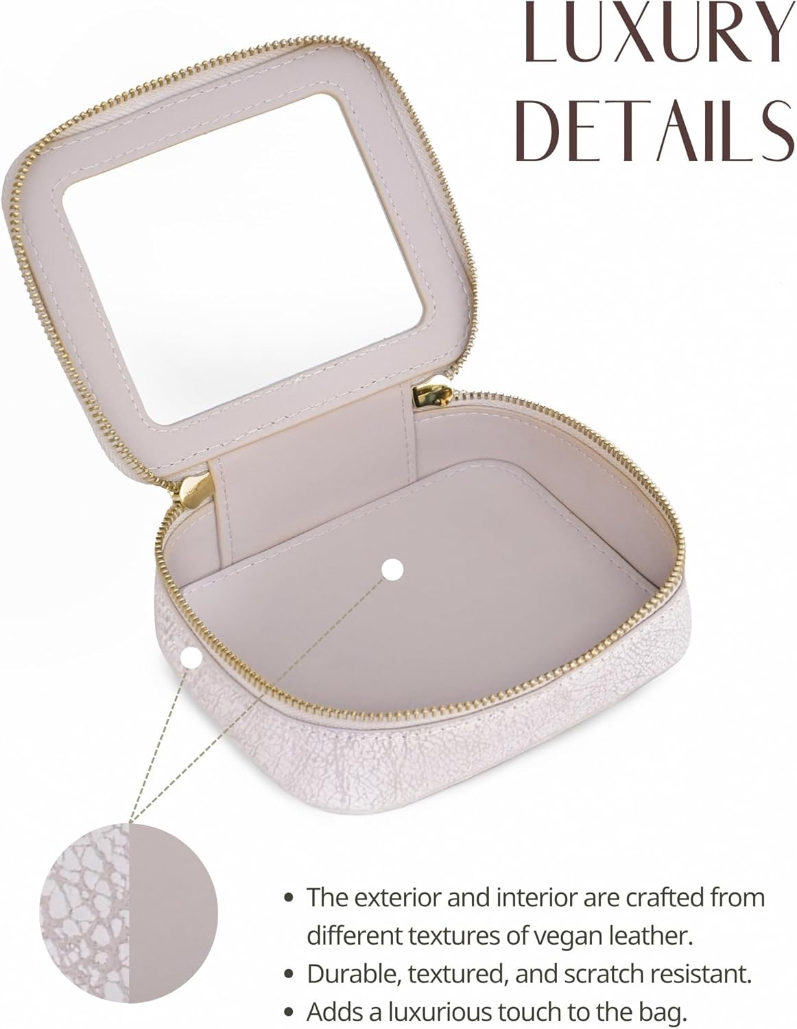 Lacoz Small Cosmetic Bag for Purse Mini Makeup Bag for School Cute Clear Make Up Pouch for Travel Tiny Leather White Make Up Organizer Case