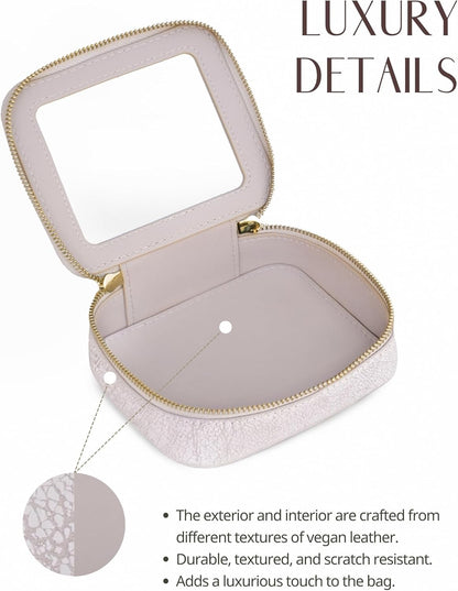 Lacoz Small Cosmetic Bag for Purse Mini Makeup Bag for School Cute Clear Make Up Pouch for Travel Tiny Leather White Make Up Organizer Case
