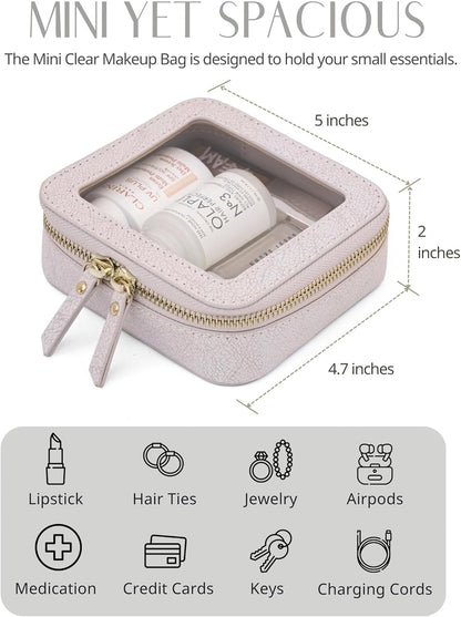 Lacoz Small Cosmetic Bag for Purse Mini Makeup Bag for School Cute Clear Make Up Pouch for Travel Tiny Leather White Make Up Organizer Case