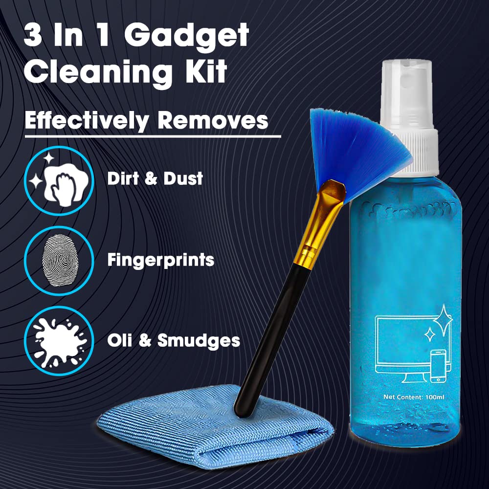 3 in 1 LCD Screen Cleaning Kit For Laptop TV Digital Camera, Screen Cleaning Kit Cloth Liquid Brush for Keyboard Lens Screen Laptop Mobile