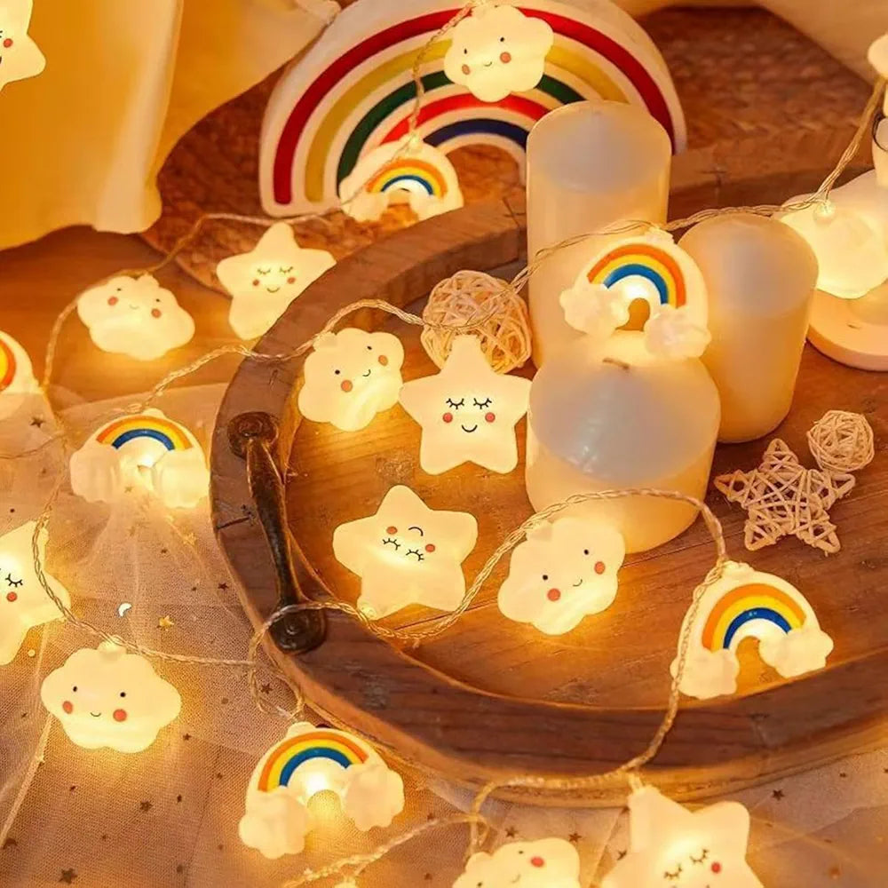20 LED String Lights with Cute Smiling Star and Cloud Rainbow Design, Battery Operated, 3m, Warm Lights for Kids Room, Bedroom, Nursery, Party Decoration