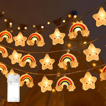 20 LED String Lights with Cute Smiling Star and Cloud Rainbow Design, Battery Operated, 3m, Warm Lights for Kids Room, Bedroom, Nursery, Party Decoration