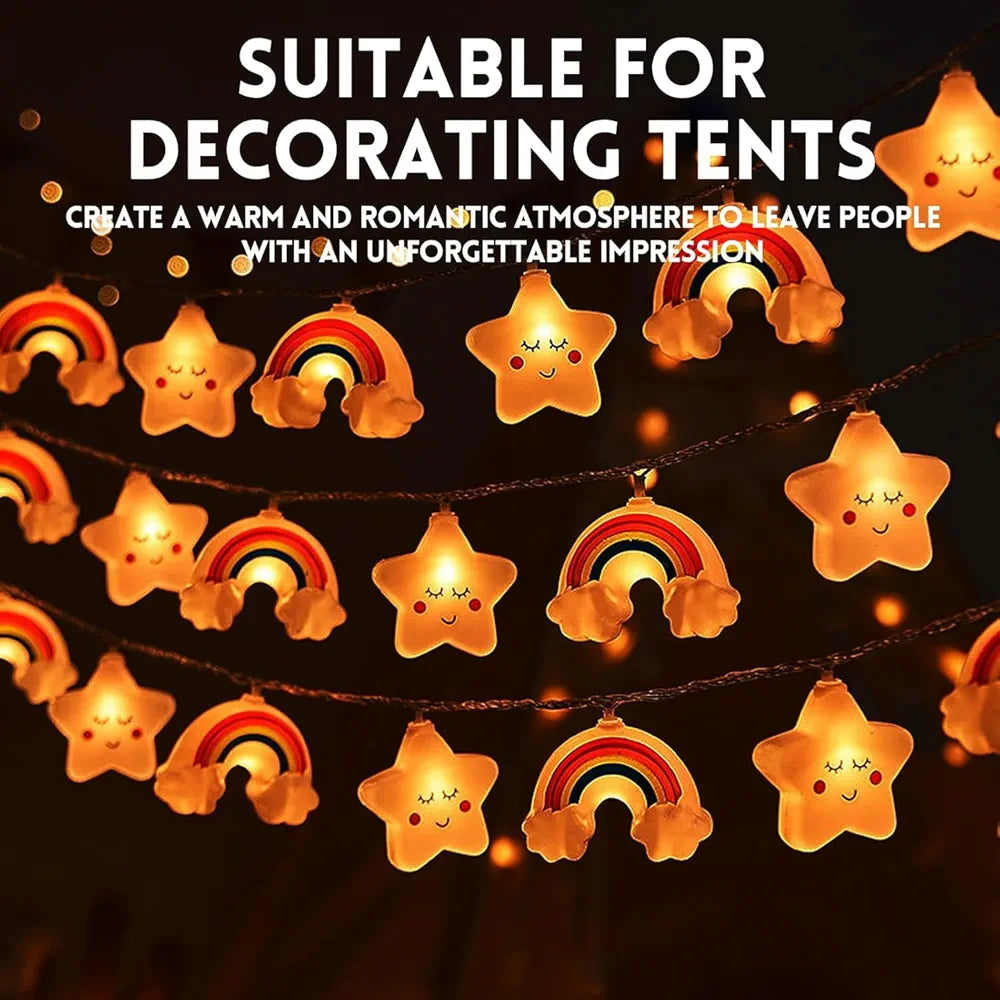 20 LED String Lights with Cute Smiling Star and Cloud Rainbow Design, Battery Operated, 3m, Warm Lights for Kids Room, Bedroom, Nursery, Party Decoration