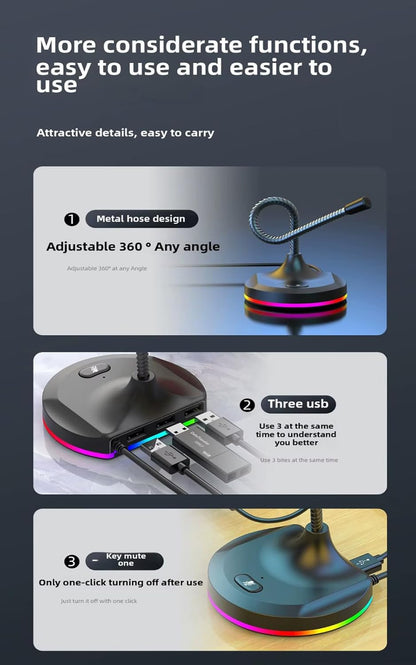 2-in-1 USB Desktop Microphone with 3-Port USB 2.0 Hub Low Noise Omnidirectional Mic with RGB Lighting Mute Button, Flexible Gooseneck for Meetings, Gaming & Online Classes