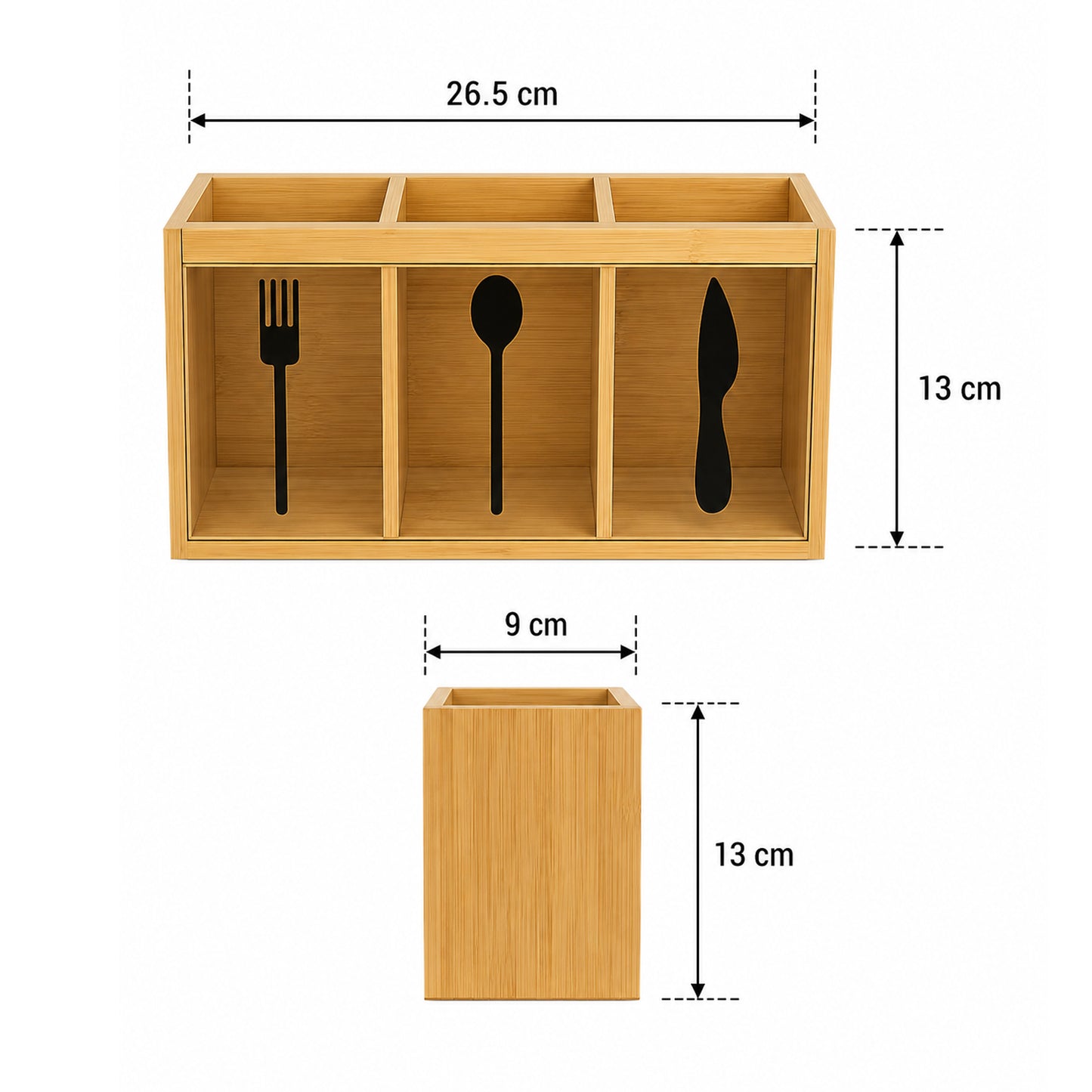 Natural Bamboo Cutlery Organizer with 3 Compartments Multipurpose Countertop Utensil Holder for Spoons, Forks, Knives, Kitchen Tools, Office Supplies & Dining Table Storage