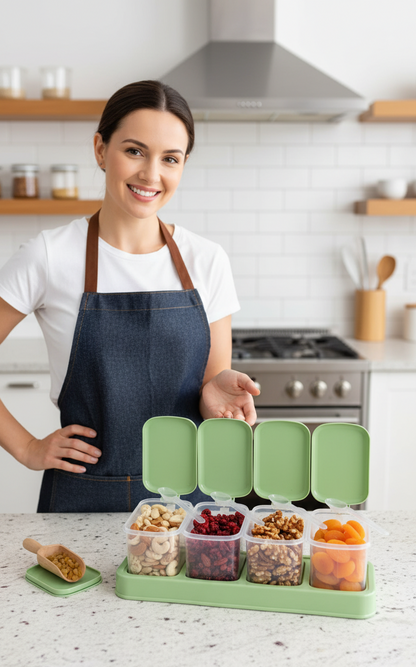 4 Piece Seasoning Box Set with Serving Spoons, Clear, Flip Lids, Non-Slip Tray, Dust-Proof Storage Containers for Salt, Sugar, Pepper, Spices and Try Fruit